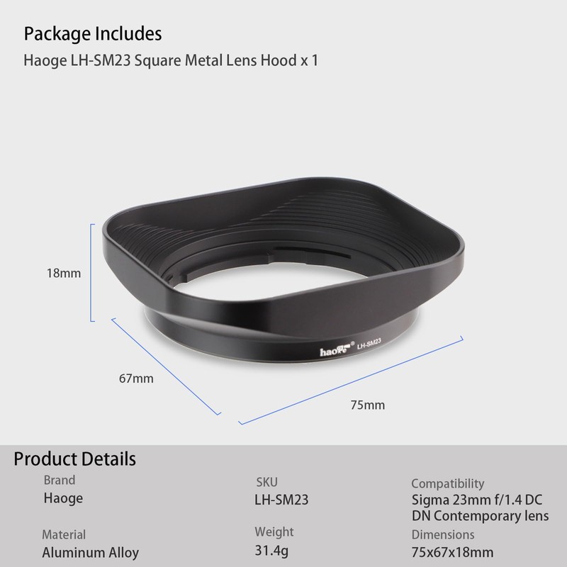 Haoge Square Metal Lens Hood for Sigma 23mm F1.4 DC