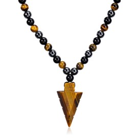 PiercingJak Men's Necklace Arrow Arrow Tip Gemstone Pendant with 8 mm Hematite Tiger's Eye Obsidian Beads Chain Crystal Chain Healing Stones Jewellery Amulet Gift for Men, Gemstone