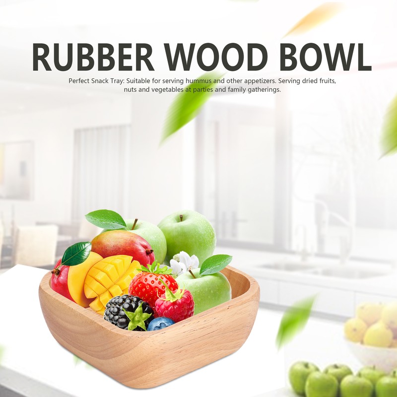 Rubber Wood Salad Bowl Handcrafted Simple Stylish Square Bowl Tableware
