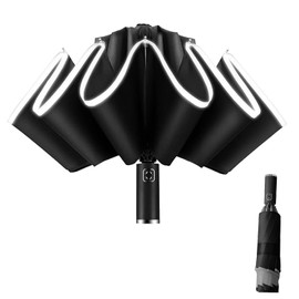 Paraguas Plegable Inverso Automático, Araguas Grande Reforzado, con 10 Varillas, Tiras Reflectantes, Paraguas de Viaje para Lluvia y Sol, Paraguas Portátil de Viaje para Hombres y Mujeres (Negro)