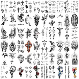 84 Sheets Christian Prayer Cross Temporary Tattoo, 24 Sheets Half Arm Large Jesus God Religious Fake Tattoos, 60 Angels Christ Lion Flowers Tiny for Adult Kids Body Tattoos Stickers Realistic