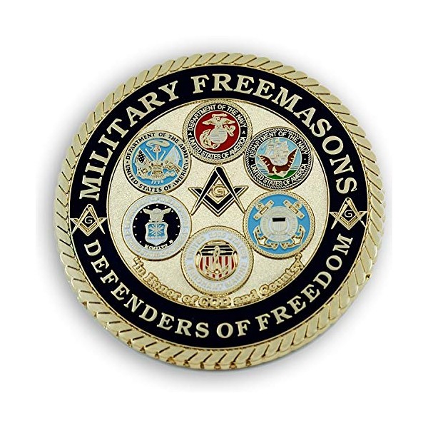Military Masons Defenders of Freedom Round Masonic Auto Emblem - [Blue & Gold][3'' Diameter]