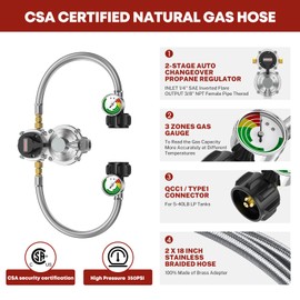 GasXpert 2 Tank-2-Stage Auto Changeover LP Propane Regulator Includes 18" Pigtail Propane Hoses with Gauge, Stainless Braided Hose QCC1 1/4" Inverted Male Flare, 3/8" NPT Female Outer for RV Trailer