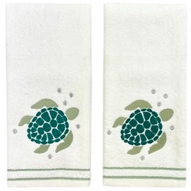 Serafina Home Coastal Bathroom Hand Towels, 2 Piece Set, Embroidered Green Sea Turtle Design, 16 x 25 inches, 100% Cotton