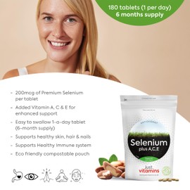Selenium Supplement 200mcg Plus Vitamin A, C, E (x180 Tablets) - Max Strength Skin, Hair, Nail & Immune Support Complex for Men & Women. Vegan & Vegetarian Friendly. UK Made