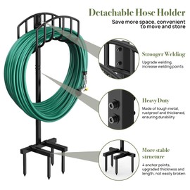 Winpull Garden Hose Holder Detachable Heavy Duty Metal Water Hose Hanger, Freestanding Hose Storage Stand Rack for Outside (Black)