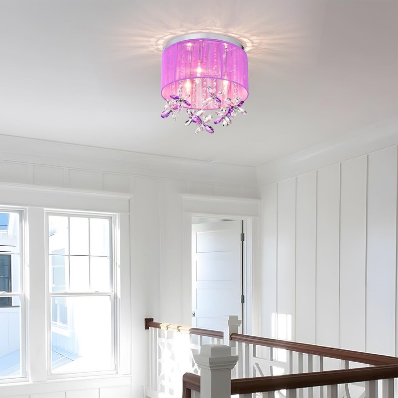 LaLuLa Purple Crystal Chandelier for Girls Bedroom, 3-Light E12 Flush