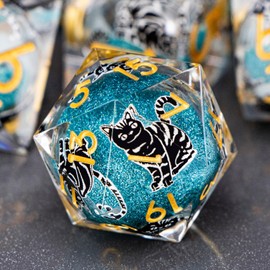 OGCOPHEN DND Cat Dice 7PCS Polyhedral Sharp Edge Dice Set with Gift Case for Dungeons Dragons Role Playing Game, RPG Resin D and D Dice D6 D8 D10 D12 D20 D% (Gold Blue)