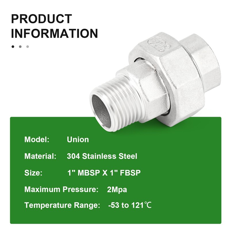 TAISHER 2 pieces 304 stainless steel union, 1 inch BSP