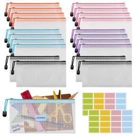 Pack of 20 Document Bags with Zip, 22 x 11 cm Document Bags, Waterproof, Plastic Zip Bag with Labels, Bag with Zip for Receipts Bills