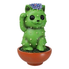 Ebros Maneki Neko Whimsical Lucky Cat Kitty Cacti Cactus Plant with Flower Bloom Head Ribbon in A Pot Faux Succulent Small 3" Tall Figurine Resin Succulents Home Decor Fairy Garden Sculptures