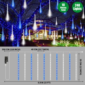 LAMPHOME Christmas Lights Outdoor,12-inch LED Meteor Shower Icicle Lights, 10 Tubes 240 LED String Lights. Waterproof Plug, Shower Rain for Xmas Tree Yard House Decor Blue&Cool White