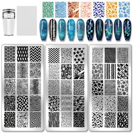 PH PandaHall 3 piezas con patrón de textura, líneas de placa de uñas, diseño de rayas, plantilla de arte de acero inoxidable, placa de imagen de uñas, plantillas de arte para mujeres, impresión de