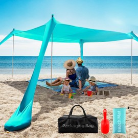Beach Tent Sun Shelter UPF50+, 10x10 FT Family Beach Shade Canopy with 4 Aluminum Poles, Beach Blanket, Carrying Bag and Sand Shovel, Outdoor Pop Up Tent for Beach Camping Trips
