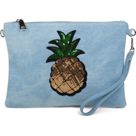 styleBREAKER Jeans Clutch mit Glitzer Pailletten Ananas, Schulterriemen und Handschlaufe, Tasche, Damen 02012176, Farbe:Hellblau
