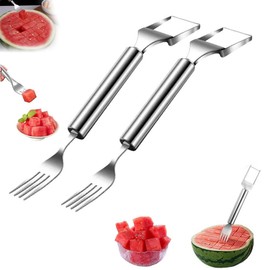 2-in-1 Stainless Steel Fruit Cutter, New Portable Watermelon Fork Slicer Cutter, Dual Head Fruit Knife for Summer Home Party Camping Kitchen Gadgets (2 Pcs)