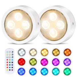 Onumii Puck Lights Battery Operated with Remote Control - Tap Stick on Lights - Color Changing Under Cabinet Lights for Kitchen Cabinets, Closets, Floating Shelves, Display Case (2Pack White)