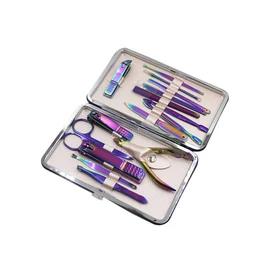 Cortauñas profesional de acero inoxidable con camaleón, kit de viaje y aseo para manicura y pedicura, juego de 15 piezas con funda de lujo (azul/morado), Púrpura, Una talla