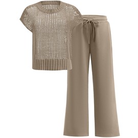 OUKODS Women Two Piece Outfits Crochet Sheer Knit Sweater Top Wide Leg Pants Lounge Matching Sets Sweatsuit Travel Clothes