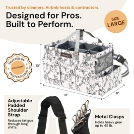 FifthStart Cleaning Caddy Organizer with Handle & Waist/Shoulder Straps - 9 Compartments & Mesh Base - Portable Cleaning Supply Caddy with Waste Bag Dispenser (Beige Floar, Large)