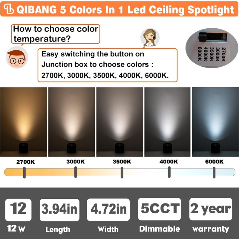 QIBANG 12W 5CCT Modern Led Ceiling Spotlights Indoor Dimmable 2700K-3000K-3500K-4000K-6000K