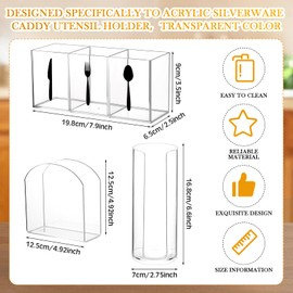 Baderke 3 Set Acrylic Cutlery Storage Organizer Include Clear Silverware Caddy for Kitchen Utensil Holder Countertop Knife Spoon and Fork Holder, Acrylic Cup Holder and Acrylic Napkin Holder for Party