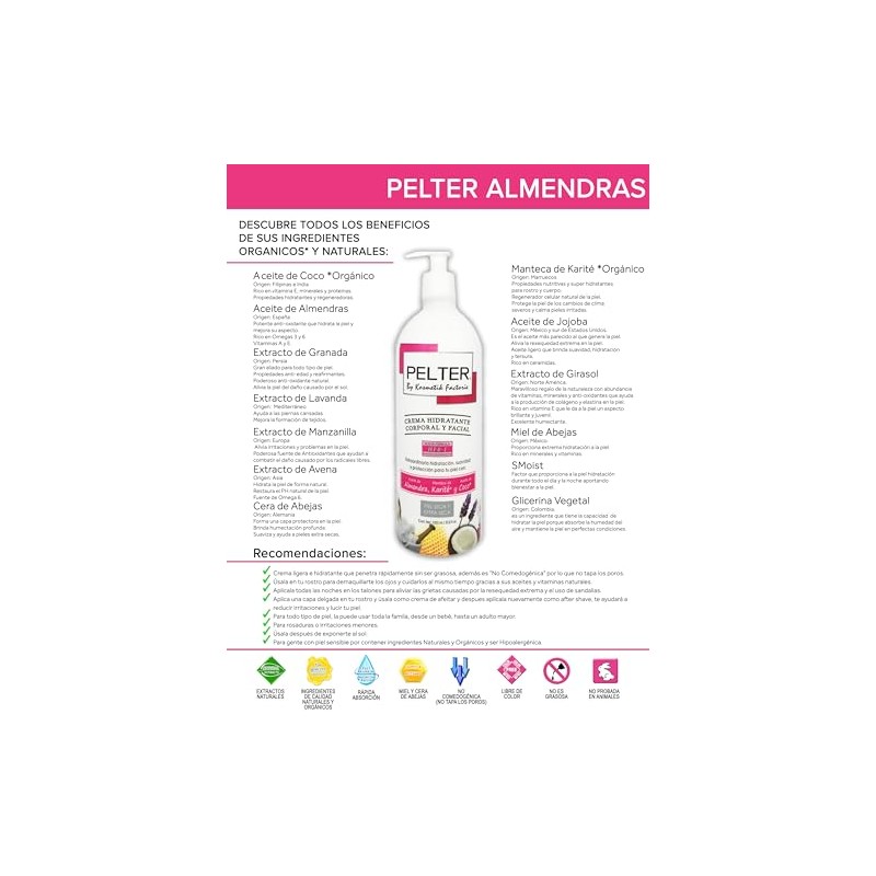 Crema Pelter Hidratante Corporal y Facial con Aceite de Almendras,