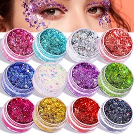 Gel de Purpurina para Cuerpo y Rostro, 12 Colores Brillo Lentejuelas Sirena, Maquillaje en Gel con Purpurina para Labios, Cabello, Ojos, Maquillaje de
