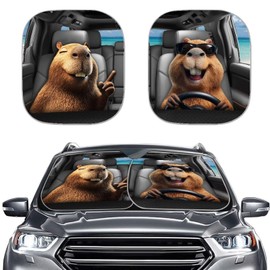 Bulopur 2 Piece Car Windshield Sun Shade Foldable Funny Capybara Car Front Window Sun Shades UV Protection Reflective Sunshade Auto Interior Set