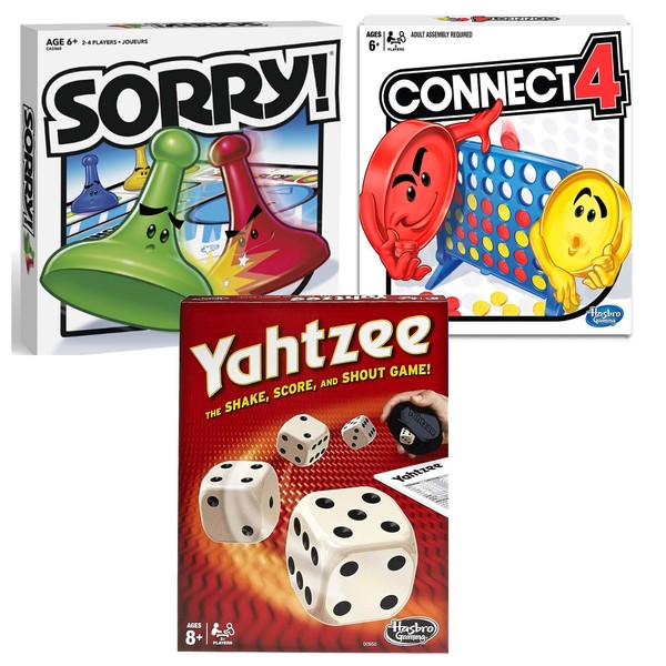 Classic Sorry!, Yahtzee, & Connect 4 Bundle | Friends, Family Indoor or Outdoor Party Game|Fun Strategy Board Games for Kids | Ages 6 and Up