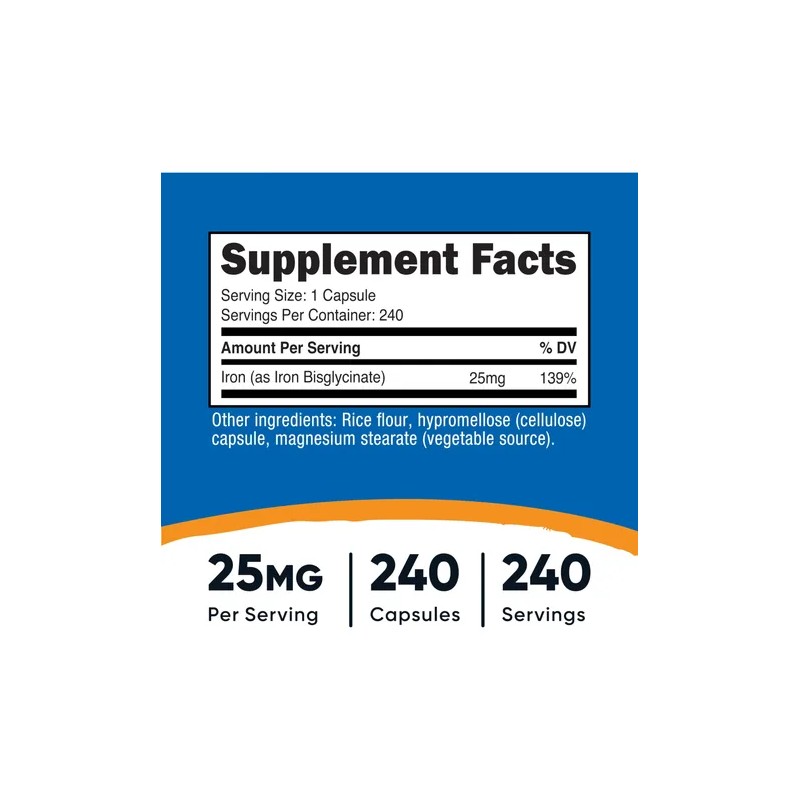 Hierro Bisglicinato 25 mg Cápsulas Iron Bisglycinate Supplement, 240 Capsules