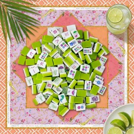 Acrylic 32mm 160PCS Lime Green 4-Layer Engraved Luxury American Mahjong Set, Pink Floral Mat for Tropical Social Club PartyColor: Green Peach Tree Mahjong Mat