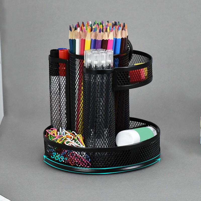 Rotating Pen Holder Black Mesh 7 Compartments Strong Metal Rotating
