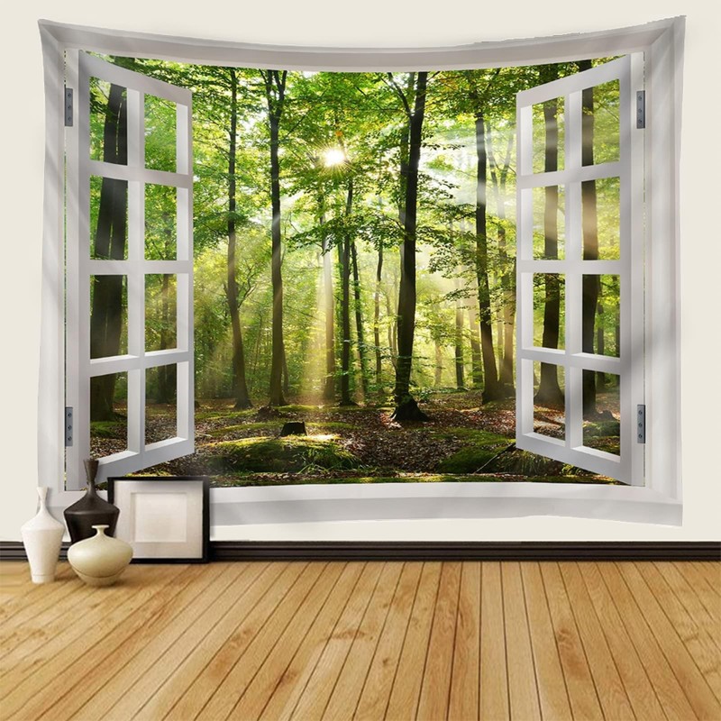 Mesnt Tapestry Nature Forest, White Window with Natural Forest Landscape