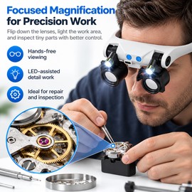 LED Magnifying Glasses for Detailed Work – Hands-Free Magnifier with 14 Interchangeable 3X–15X Lenses