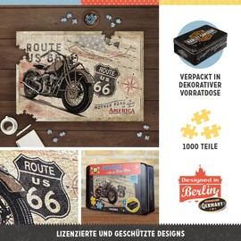 Nostalgic-Art Retro Puzzle 1000 Teile, 68 x 48 cm, Route 66 – Bike Map Harley-Davidson 1 – Geschenk-Idee für Amerika-Fans, für Erwachsene, in Vintage-Metalldose als Geschenkverpackung