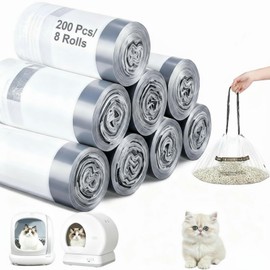Sunnymove 200 Count Cat Litter Box Liners Bags for Self Cleaning Automatic Litter Box 22.5 x 12.2" Drawstring Heavy Duty Pet Receptacles Bags Bulk 1.57 Mil Thick Tear Resistant Leak Proof Waste Liners