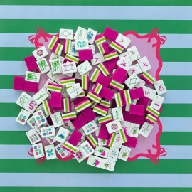 In-stock Inventory 160 Tiles American Mahjong Set with Striped Neoprene Mat Pink Green Ribbon Bow Acrylic 4-LayerColor: Orange Floral and Bird Mahjong Mat