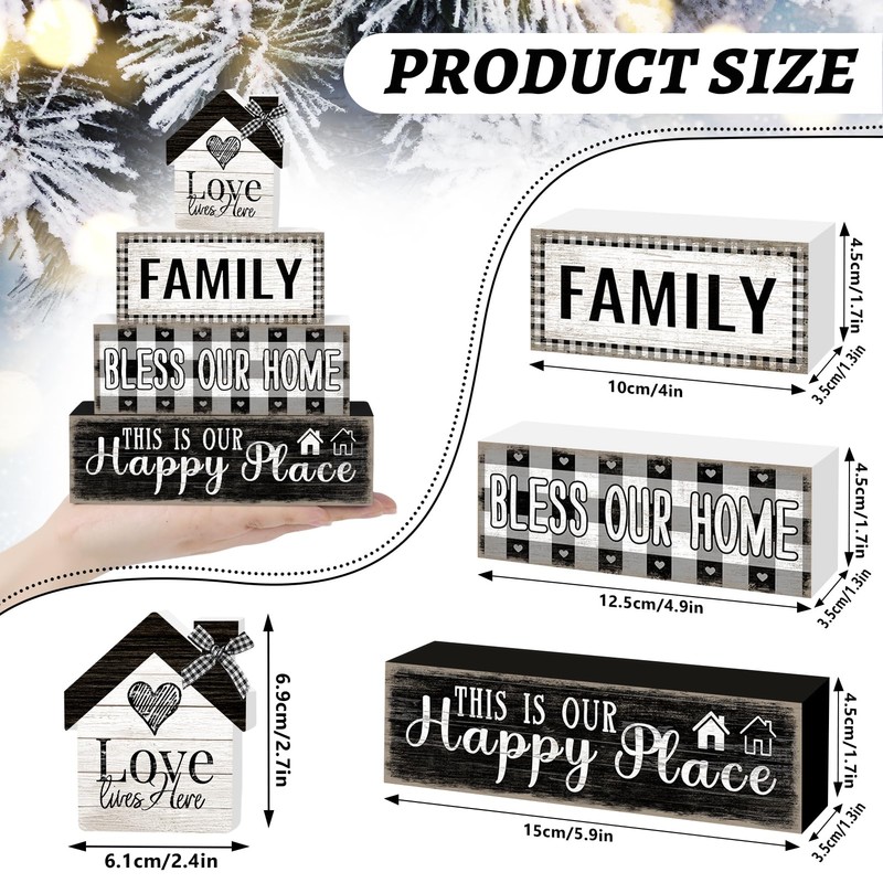 4 Pcs Farmhouse Family Wooden Tiered Tray Decor Set, Rustic