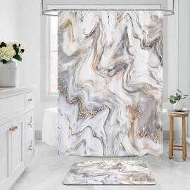 MitoVilla Grey Gold Marble Shower Curtain 72 x 78, Abstract Modern Long Shower Curtain Set with Hooks, Grey Blue Shower Curtain for Bathroom Decor, Fabric Shower Curtain for Standard Bathtub