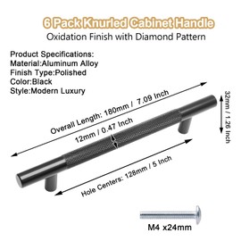 Cjueiom 6 Pack Matt Black Cupboard Handles 128mm Hole Center T Bar Handles, Knurled Drawer Handles Long Wardrobe Door Handles Pulls with Diamond Pattern, Kitchen Cabinet Handles for Bedroom Drawer