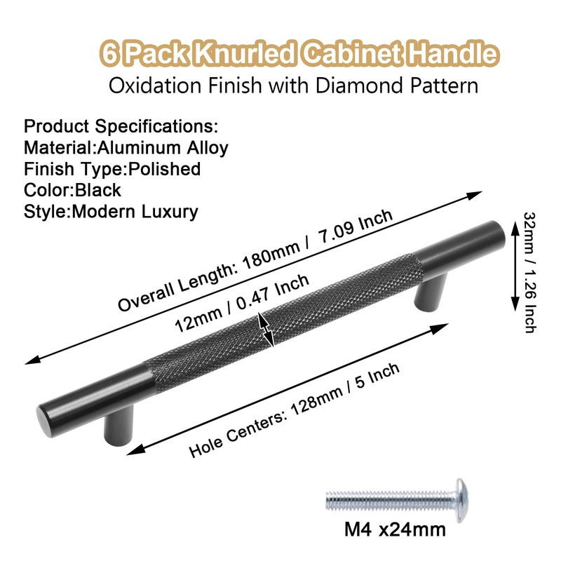 Cjueiom 6 Pack Matt Black Cupboard Handles 128mm Hole Center