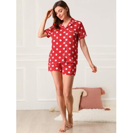 Allegra K Womens Short Sleeve Notch Collar Piped Button Down Sleepwear Polka Dots Pajama Sets Red 8