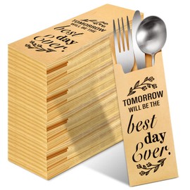 Gueevin 100 Pcs Tomorrow Will Be The Best Day Ever Wedding Paper Silverware Bags Utensil Holder Rustic Cutlery Pouch Bag for Wedding Rehearsal Dinner Engagement Barbeque Banquet, 2.8 x 7.8 Inch