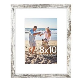 decorUhome 8x10 Picture Frame, Display Photos 5x7 with Mat or 8x10 Unmatted, Engineered Wood Frame with Plexiglass for Wall and Tabletop Display, Distressed White, Set of 1