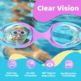 Vvinca Kids Swim Goggles with Bungee Strap No Leaking Anti Fog Toddler Goggles with Quick Adjust Ages 3-14 (D-blue Pink & Blue Purple)