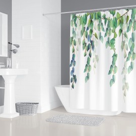M&W DAS DESIGN Shower Curtain Green Plants Bathroom Textile Curtain Mould Resistant Fabric Washable Blue Leaves Top Polyester Shower Curtain Including 12 C-Rings Weight Bottom