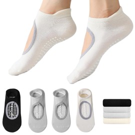 Dodulifc Pilates Socks with Grips for Women,Non Slip Socks,Yoga Socks 4 Pairs for Pilates, Barre, Hospital, Workout,Gifts (US, Alpha, One Size, Regular, Regular, Black/Grey/Beige/Grey)
