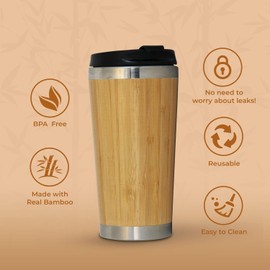 L&L MOZEN 15oz Stainless Steel Drinking Cup For Women and Men, Spill Proof Durable Travel Cup, Reusable Cup with Lid, Made with Real Bamboo, Easy to Drink with