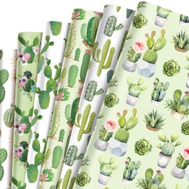 Cactus Wrapping Paper Set - 12 Sheets Watercolor Cactus Gift Wrapping Paper 6 Design Green Plant Art Tropical Potted Plant and Flowers Patterns Paper for Wedding Bridal Baby Shower Party 20'' x 27''